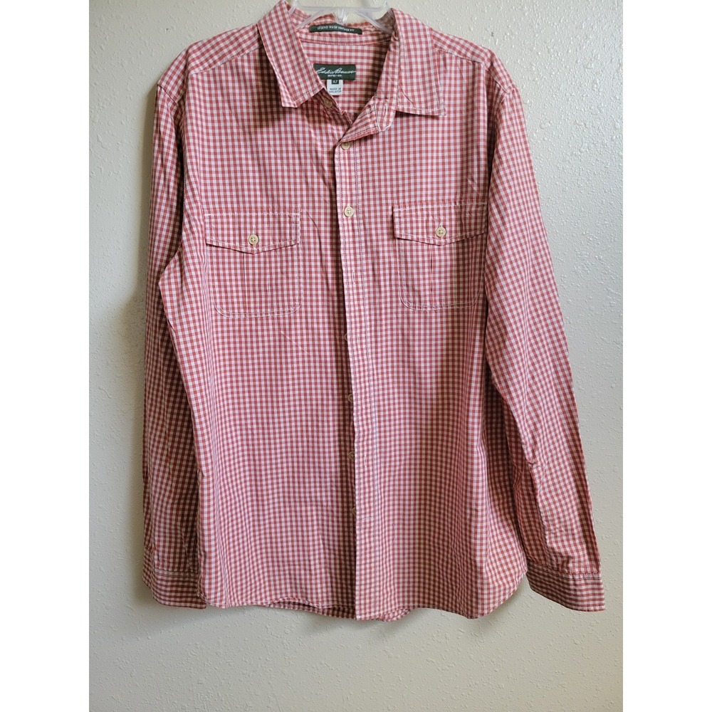 Eddie Bauer Legend Wash Vintage Fit Men's Red Cream Gingham Button-Up Shirt -XLT